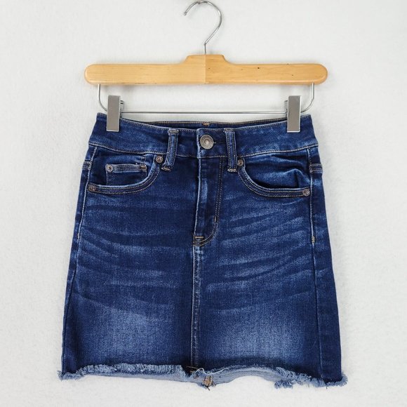 American Eagle Outfitters Dresses & Skirts - American Eagle Skirt Womens 00 Blue Hi Rise Mini Denim Frayed Hem Casual Stretch